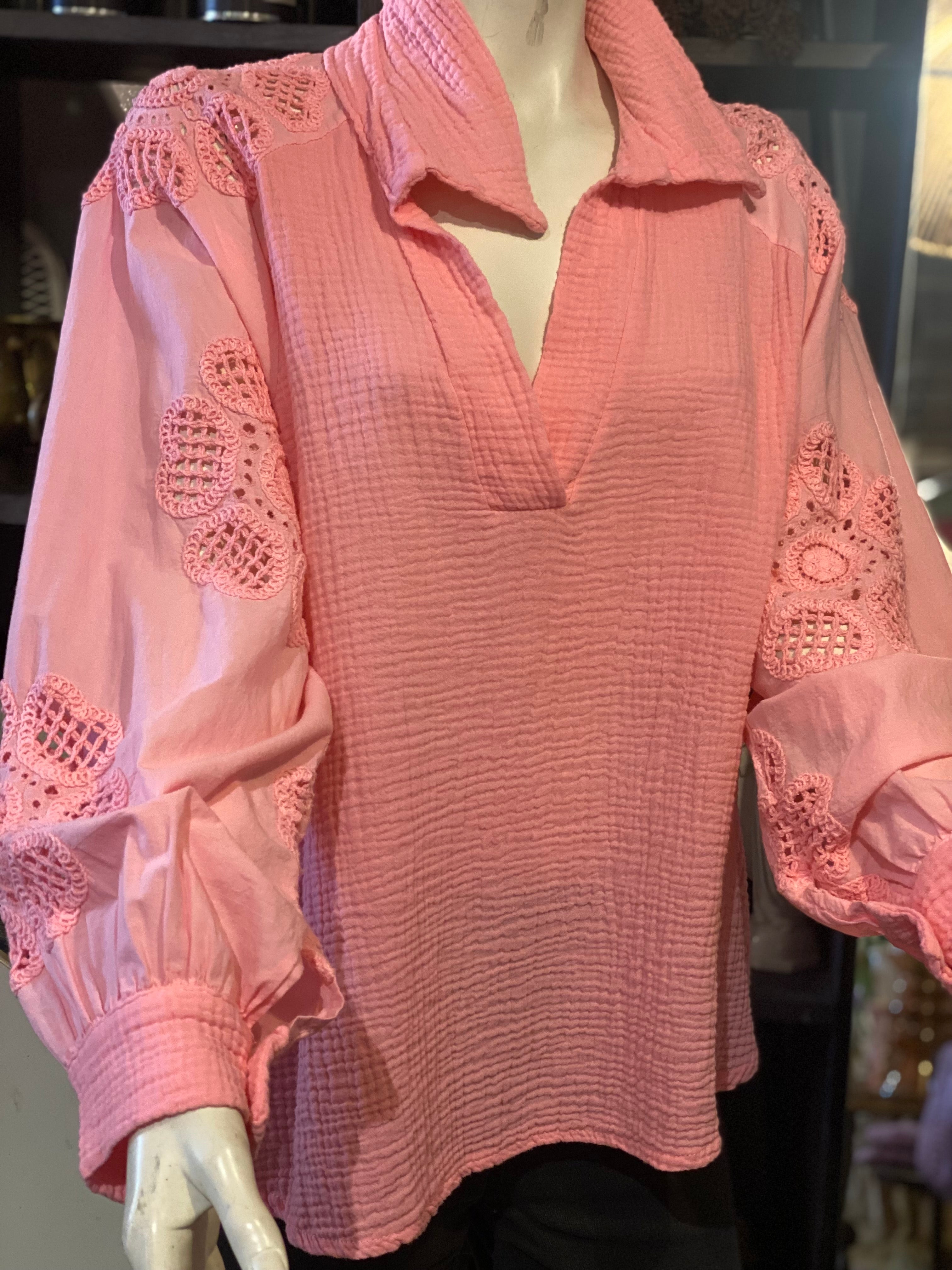 Roze blouse katoen met broderie