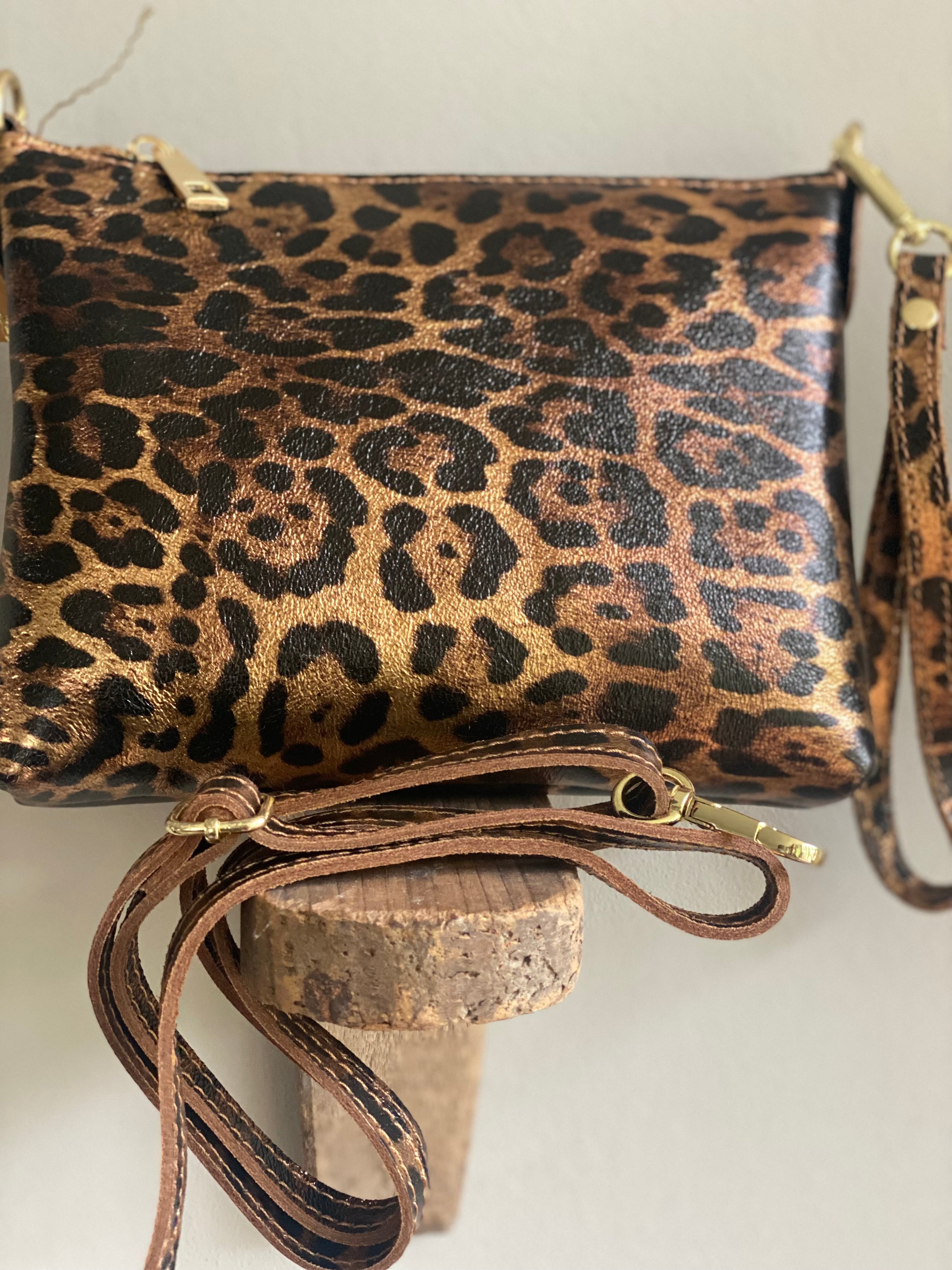 Metallic lederen clutch panter