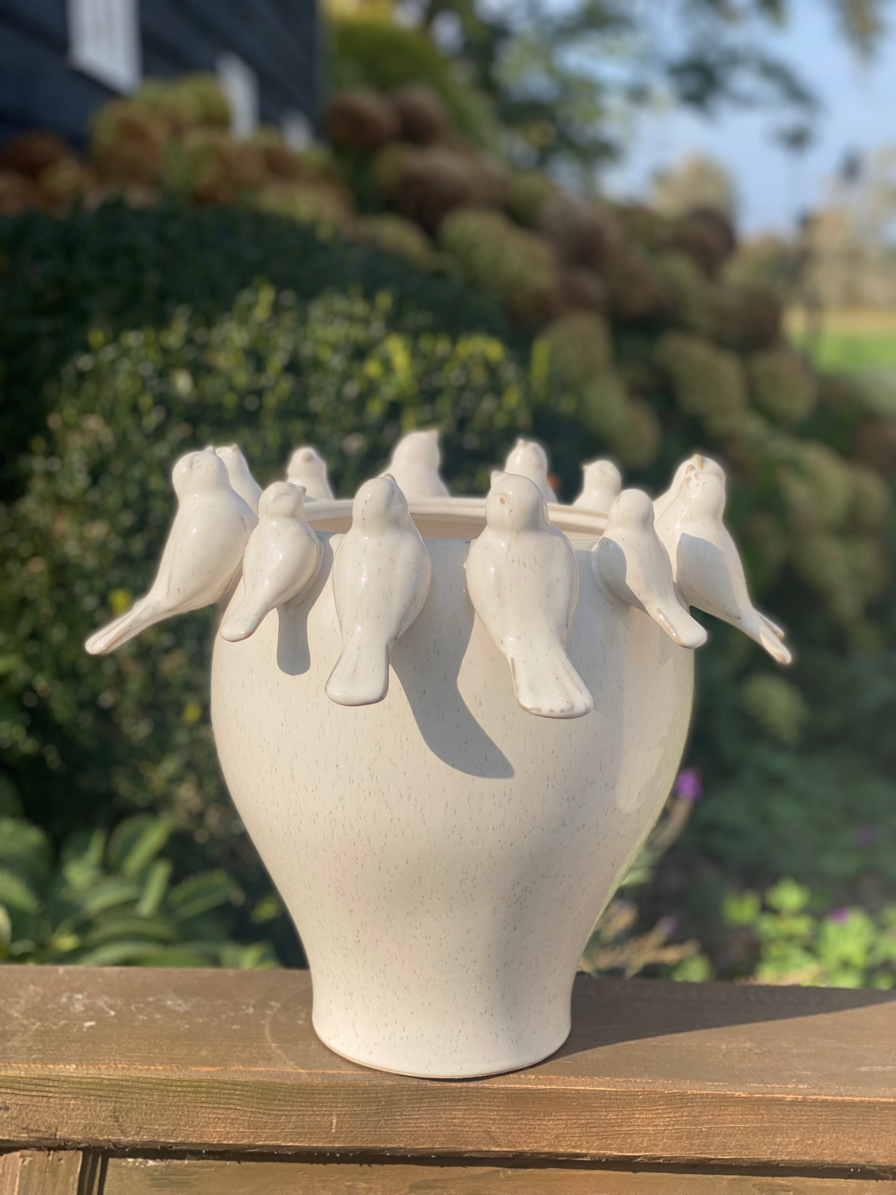 Xl pot ivoorwit met vogeltjes