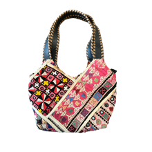 Multi colour schoudertas met lederen banden