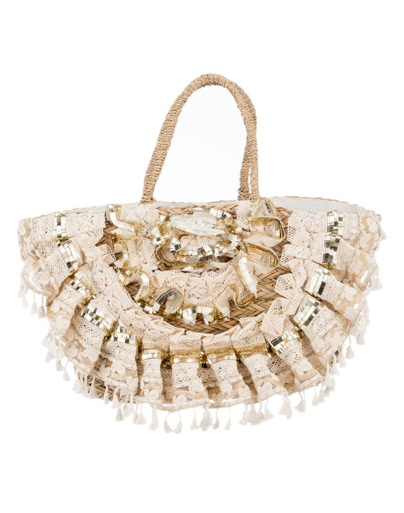 Strandtas rotan beige met broderie