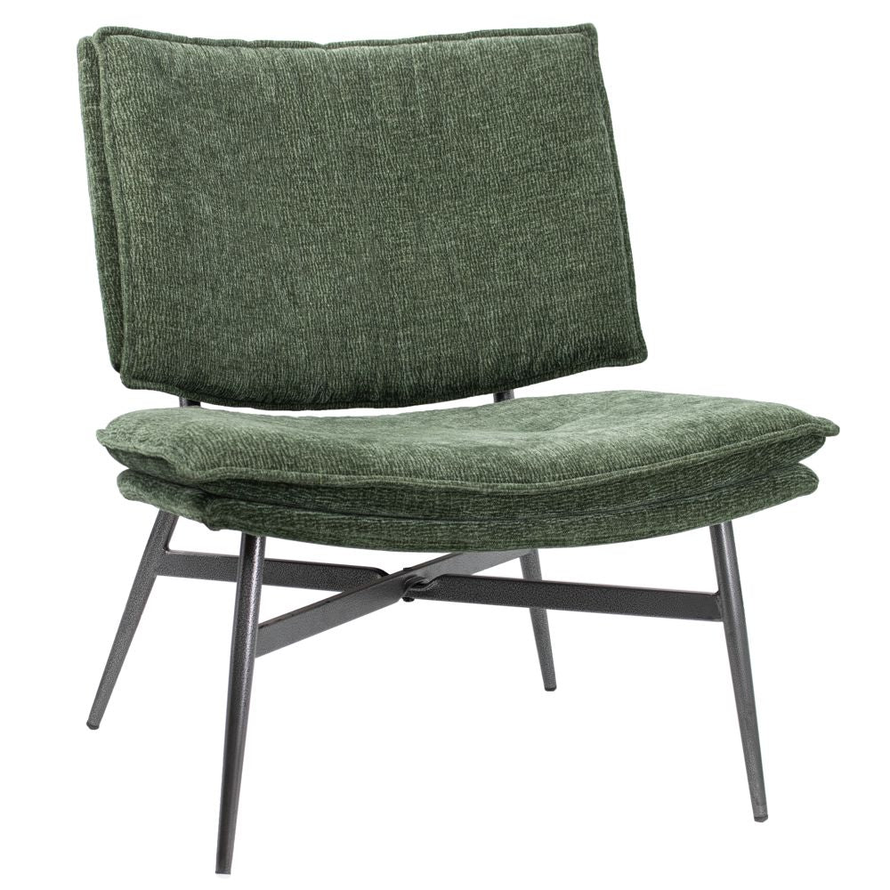 Fauteuil in stof groen met mat zwart metalen onderstel.